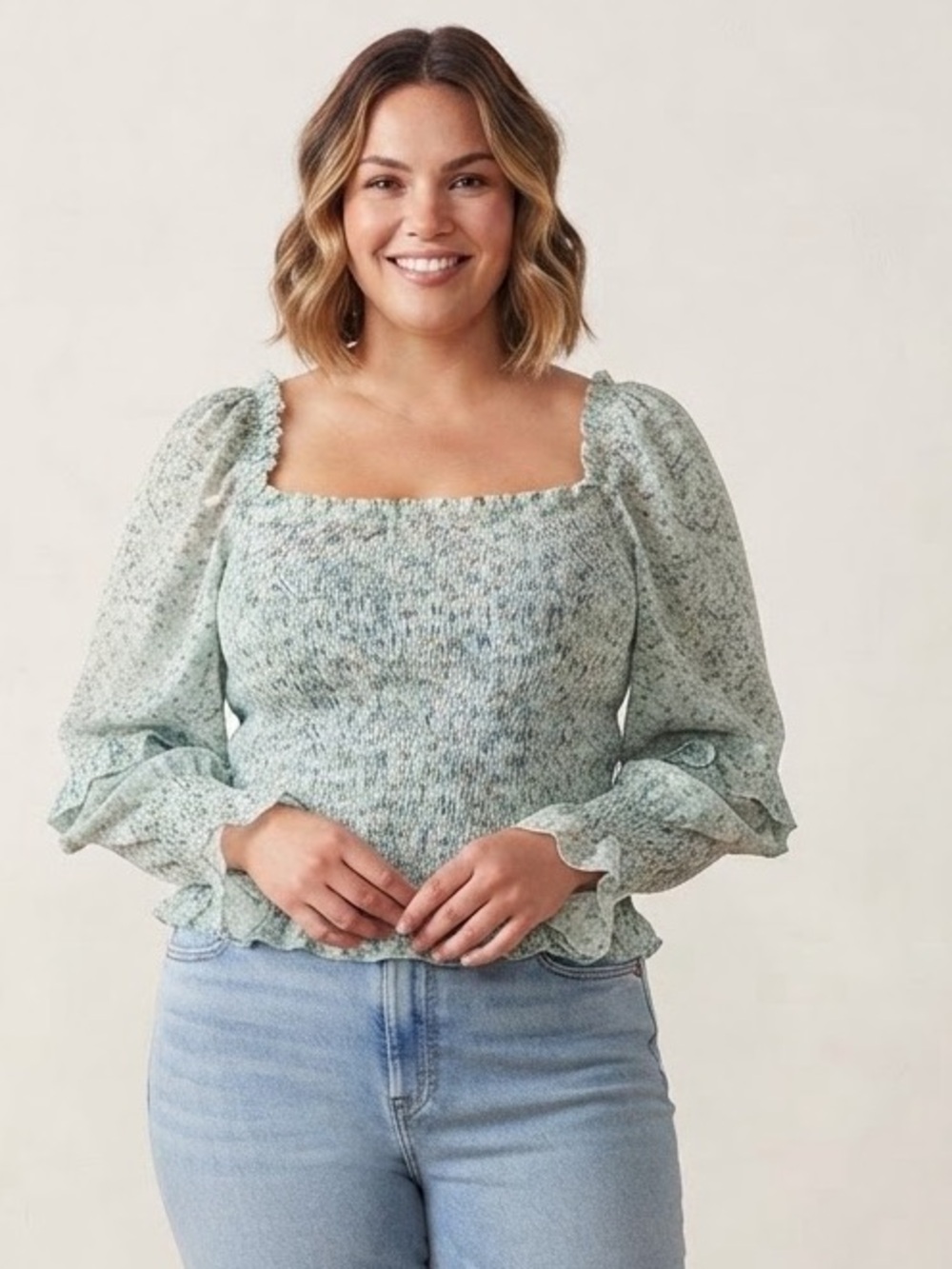 wild fable Sage Floral Smocked Square Neck Blouse